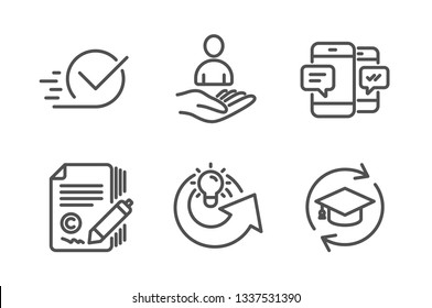 Recruitment, Smartphone sms and Copywriting icons simple set. Share idea, Checkbox and Continuing education signs. Hr, Mobile messages. Education set. Line recruitment icon. Editable stroke. Vector