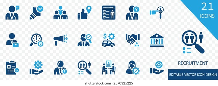 Recruitment solid  icon set. containing training, career, interview, potential, occupation, partnership, candidate and more vector design