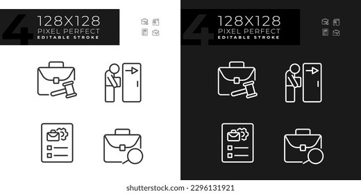 Estadios de captación iconos lineales perfectos de píxeles para el modo oscuro y claro. Búsqueda y descripción del trabajo. Derechos laborales. Símbolos delgados para la noche, tema del día. Ilustraciones aisladas. Trazo editable