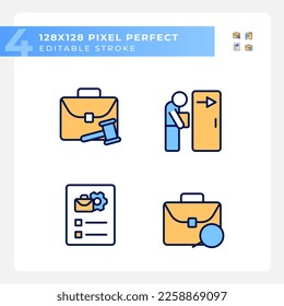 Etapas de captación de píxeles ajuste perfecto de los iconos de color RGB. Búsqueda y descripción del trabajo. Derechos laborales. Trabajador despedido. Ilustraciones vectoriales aisladas. Colección de planos de línea simple rellena. Trazo editable