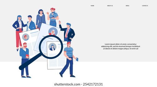 Estratégias de recrutamento, banner do site da agência de RH com o empregador revisando CVs para agilizar a contratação, ilustração vetorial plana. Melhor equipe escolhendo com triagem eficaz CV e processos de contratação.