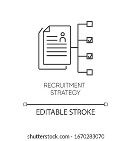 Icono lineal perfecto de estrategia de contratación. Ilustración personalizable en línea delgada. Programa de empleo, símbolo de contorno del plan de caza de cabezas. Dibujo de contorno aislado del vector. Trazo editable