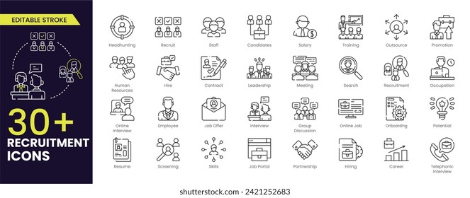 Recruitment Stroke icon set. Headhunting, career, resume, job hiring, candidate and human resource icons. Editable Outline icon collection.