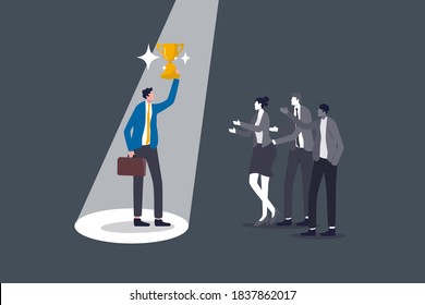 Recruitment talent choose best man for job, being recognized for hard work or value visibility on working skill, confidence winner businessman holding trophy cup with spotlight on with colleagues.