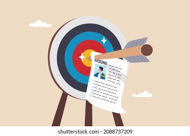 Recruitment target, choosing best candidate to fill in job vacancy, HR Human Resources find perfect talent for interview concept, archer bow hit on bullseye target with chosen candidate resume paper.