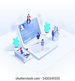 Recruitment team isometric vector illustration. Employers and candidates 3D cartoon characters. Human resources management, hr team. Managers studying cv, recruiter with loudspeaker. Job search