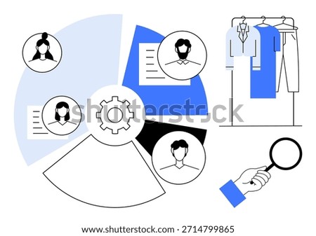 Recruitment, team management, talent identification, workflow optimization, human resources, data organization. Circular chart with profiles, gear clothing rack and magnifying glass. Recruitment