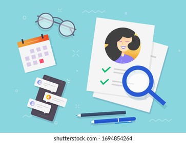Recruitment test application with approval check list on workplace or personal interview data investigation document on work desk vector flat, human resources or resume research analysis concept