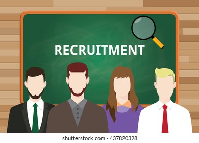 recruitment text on the green board with worker employee line up vector graphic illustration
