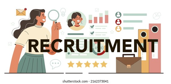 Recruitment typographic header. HR manager interviewing a job candidate and drafting an employment contract. Flat vector illustration