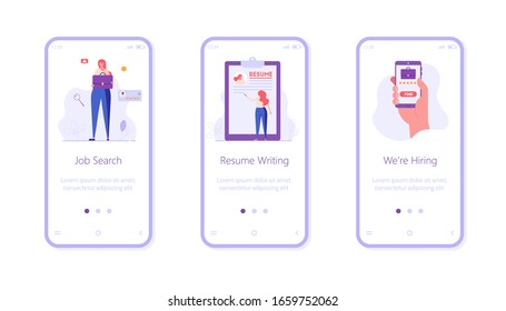 Recruitment UI onboarding screen illustrations in flat design. Concepts of job interview, headhunting, employment. People getting new job. Set of vector illustrations for UI, web banner, app