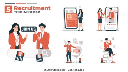 Conjunto de ilustración de concepto plano de Vector de reclutamiento para proceso de contratación, Búsqueda de empleo y evaluación de candidatos en negocios y empleo