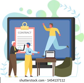 Recruitment vector flat style design illustration. Big clipboard with contract form, running man on computer monitor and tiny characters. Job agency online services concept for web banner website page