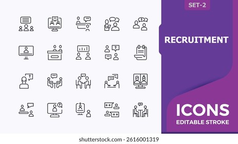 Recruitment vector icon set. Featuring job, employment, employee, meet, human and more. Interview vector line icon set. Perfect for logos and infographic. Editable stroke.