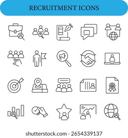 Recruitment Vector Icon Set .  Icons include a briefcase with magnifying glass, people silhouettes, a notepad and pencil, speech bubbles, handshake, laptop with profile, target with arrow.
