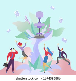 Ilustración vectorial de contratación, concepto de contratación. La compañía de negocios contrata gente para el trabajo. Los candidatos buscan empleo. Hombres, mujeres personajes de caricatura con formulario de solicitud llegan a una silla.