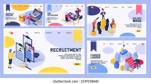 Recruitment vector web page hiring job interviewed people on business interview meeting and interviewer man character recruiting worker in office illustration landing web-page background.