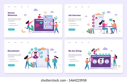 Recruitment Web Banner Concept Set. Job Interview And Human Resources Manager. Employment And Labor. Search Work In Internet. Isolated Vector Illustration In Flat Style