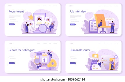 Recruitment web banner or landing page set. Idea of employment and job interview. Recruitment manager searching. Job candidate for a start up project. Vector illustration in cartoon style