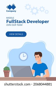 Recruitment web horizontal banner concept. Full Stack Developer needed. Young man working on laptop in office. Job offer, vacancy, HR, hiring. Vector flat Illustration