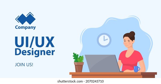 Recruitment Web Horizontal Banner Concept. UI UX Designer Needed. Web Designer. Young Woman Working On Laptop In Office. Job Offer, Vacancy, HR, Hiring. Vector Flat Illustration