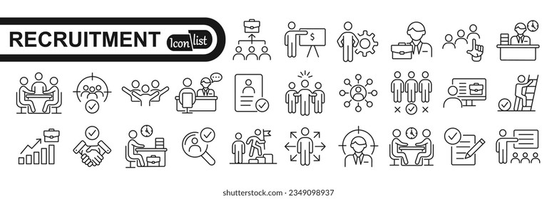 Recruitment web icons in line style. Headhunting, career, resume, work group, candidate, job hiring, collection. Vector illustration.	
