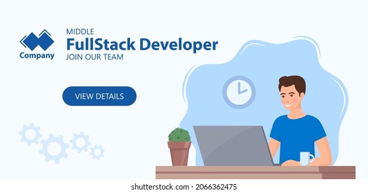 Recruitment web vertical banner concept. Full Stack Developer needed. Young man working on laptop in office. Job offer, vacancy, HR, hiring. Vector flat Illustration