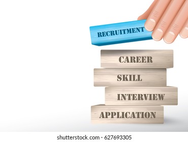 Recruitment as wooden blocks tower with hand putting one piece on top