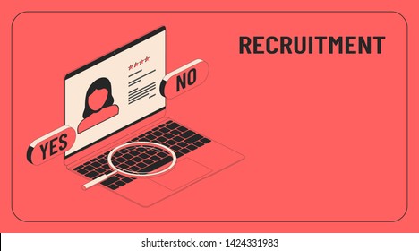 Recruitment. Yes or no marks. Hiring a concept. Human face resource and its data with four stars rating on a laptop screen. Isometric flat outline vector illustration for a internet landing web page