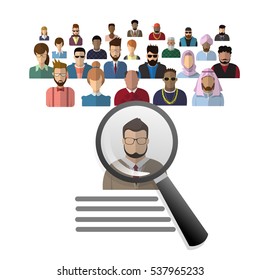 Recruitment Zoom Magnifying Glass Picking Business Person Candidate People Group Flat Vector Illustration