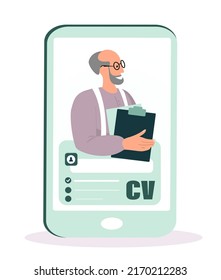 Recruitment,Choosing Candidate Concept.Old Aged Man Seeker Character Having an Online Interview,Job Applicant in Smartphone Screen.Appointment with CV in Hands.Employment Process.Vector Illustration