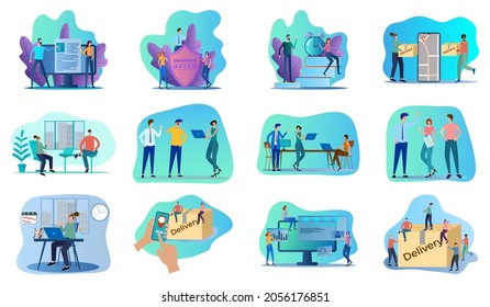 Recruitment,office work,cargo delivery,web development.A set of flat icons vector illustration on the topic of business and technology.