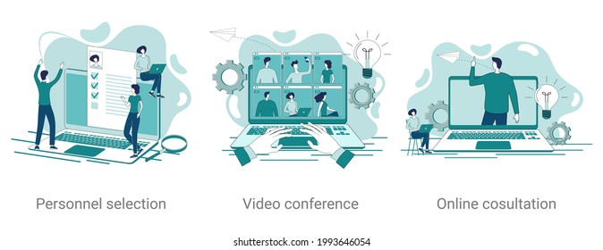 Recruitment,video conference and online consultation.A set of vector illustrations on a business theme.Abstract illustrations in green color.