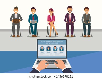 Recruting Director Selection. Assessment Specialist. Open Vacancy Illustration. Workers Sits front HR Manager. Competitive Workplace. Recruitment Agency. Staff Evaluation Criteria. Review Resume