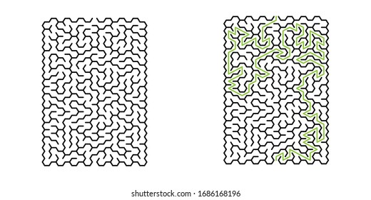 Rectangle 15x20 vector maze with hexagonal cells and solution