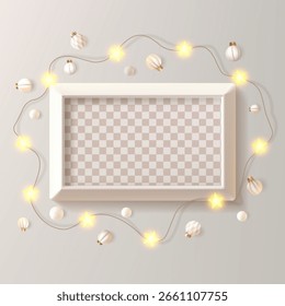 Rectangle 3d photo frame on light beige bg. Illuminated by glowing led stars, light bulb warm garland. Horizontal white festive greeting card container mockup. Luxury empty Christmas gallery wall box