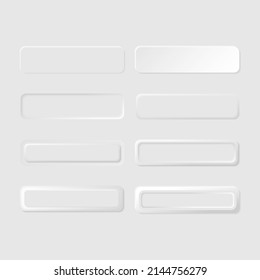 Rectangle 3D white vector web buttons. UI UX realistic user interface elements. Sliders for websites, mobile menu, navigation and apps. Neumorphism minimalism style.
