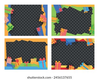 Rectangle abstract frame with multicolored gift box transparent copy space set isometric vector illustration. Bright border banner festive present birthday anniversary holiday greeting celebration
