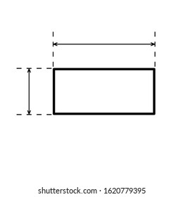 Rectangle with arrows for measuring length and width. Linear template. Black simple illustration. Contour isolated vector image on white background. Mathematical drawing for repair or construction