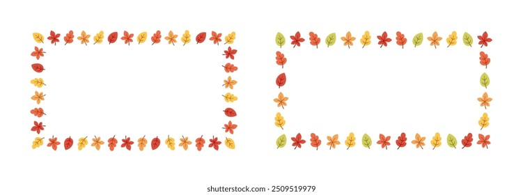 Retângulo quadro de outono feito de folhas conjunto. Ilustração vetorial moderna. Dia das Bruxas, modelo de fronteira de outono de Ação de Graças.