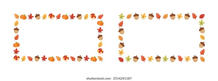 Rectangle autumn frame made of leaves set. Modern vector illustration. Halloween, Thanksgiving fall border template.