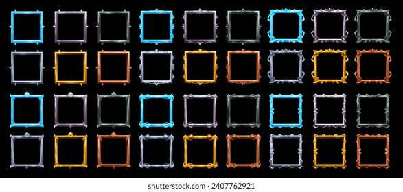 Rectangle avatar frames of golden, silver and ice, bronze and copper metal borders, game asset. Game avatar empty frames, fantasy RPG UI vector stone, glass, metal and ice borders design asset