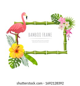 rectangle bamboo frame with flamingo vector illustration on a white background