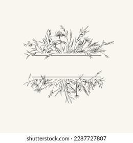 Rectangle banner frame with meadow herbs. Botanical background with dry grass. Black and white. Engraving style. Layout border for invitations card, postcards, logos, covers, labels.