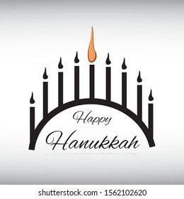 Rectangle banner with Happy Hanukkah slogan. Hanukkah festive symbols background with candles. Congratulation words with Hebrew festival with candles and wish on white black background.