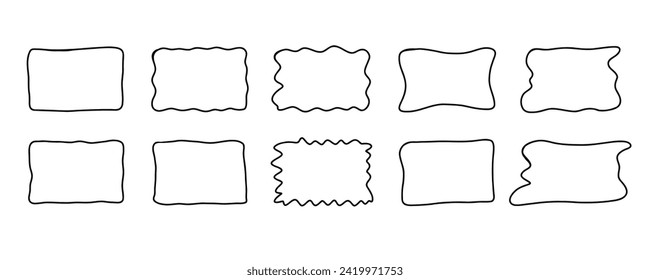 Rectangle blank frame set. Doodle hand drawn wavy curve deformed textured frames. Border sketch. Vector illustration isolated on a white background.