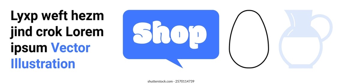 Rectangle with blue speech bubble shop icon, egg outline, and pitcher silhouette adjacent to text in a modern vector style. Ideal for e-commerce, online marketplace, retail promotions, marketing