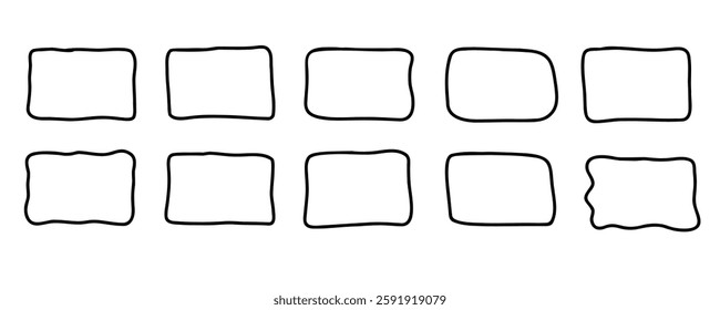 Rectangle border frame set. Hand drawn doodle wavy curve deformed textured frames. Border sketch. Vector illustration isolated on a white background.