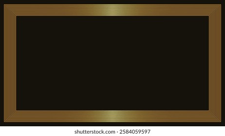 Rectangle border. Gold frame. Isolated on black background. Golden luxury realistic. Vector illustration. Square golden frame with shadow. Line art. Wedding model. Copy space. abstract text banner.
