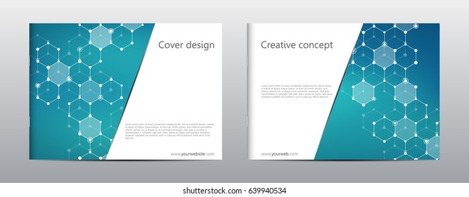 Rectangle brochure template layout, cover, annual report, magazine in A4 size with hexagonal molecule structure. Geometric abstract background. Vector illustration